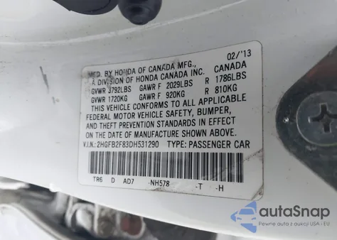 2013 Honda Civic Ex from USA, damaged, VIN 2HGFB2F83DH531290